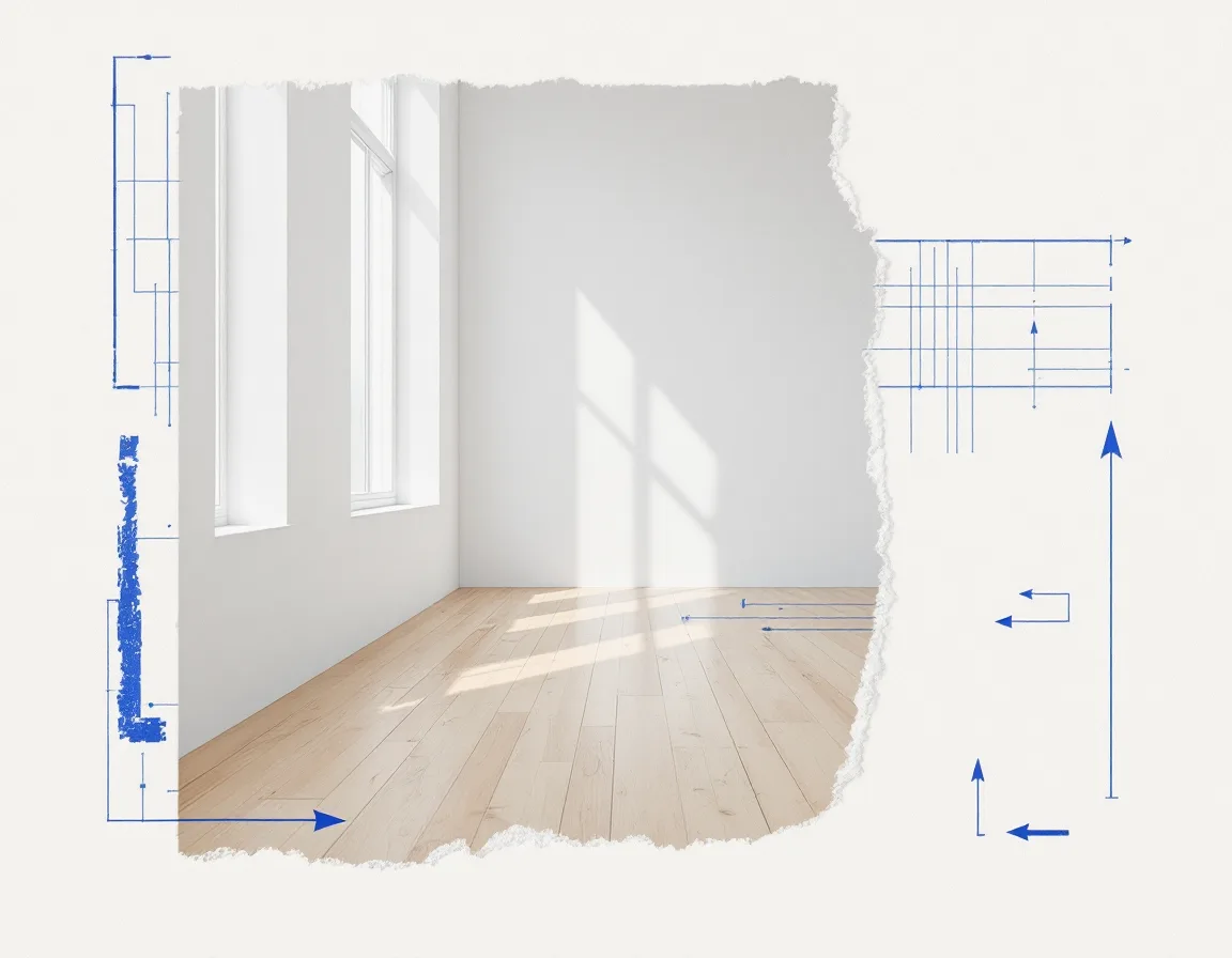 Photoreal interior rendering collaged with plan drawings and pencil annotations